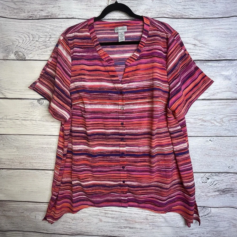 Catherines Shirt Women Size 1X Top Plus Barbie Pink Stripe Button Up BOHO - Picture 1 of 11